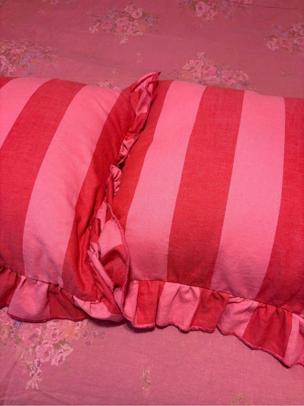 Striped Ruffle Decorative Pillow Pair in Pink & Red